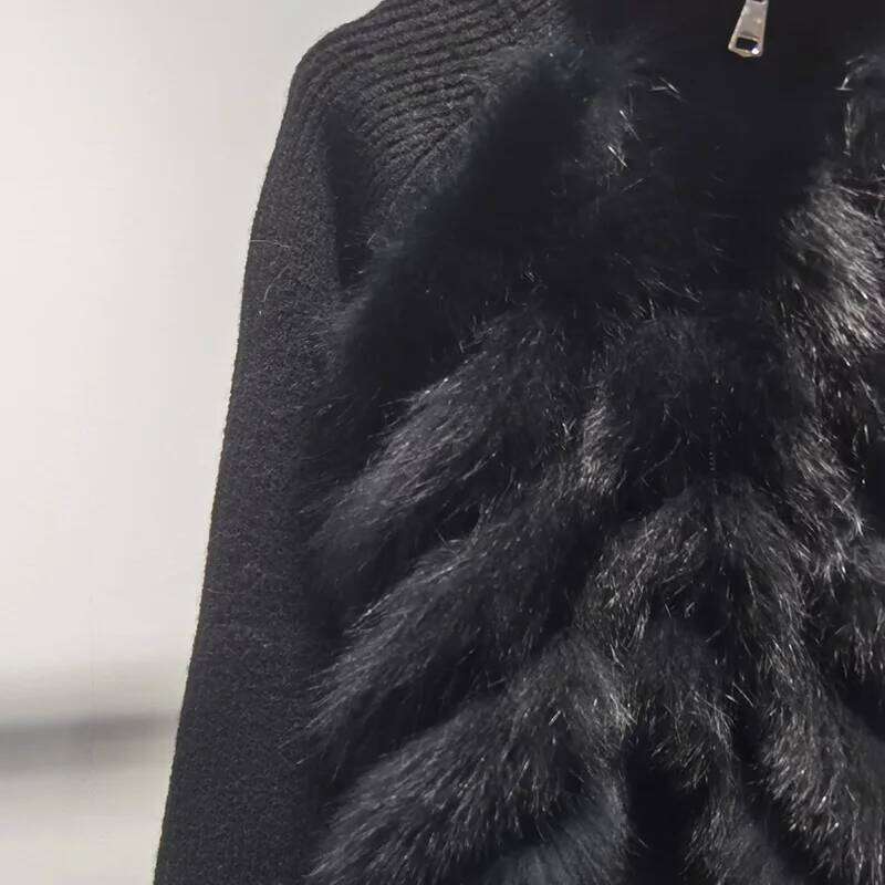 Women Short Knitted Real Fox Long Sleeve Genuine Fur Trimming Pullover Female Jumpers With Zipper