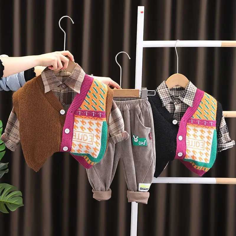 Childrens Sweat Set Korean Baby Boy Clothes 6M-5T Cartoon Knitted Vest + Plaid Shirts + Pants 3PCS Kids Boys Outfit Set R250605