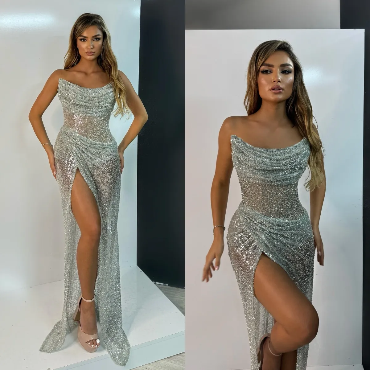 Glitter Sequined Prom Dresses Elegant Side Slit Evening Dress Strapless Sleeveless Celebrity Party Gown Customized