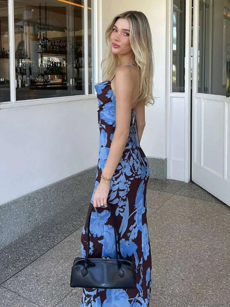 Sisterlinda Summer Release Junior Fashion Sexy High Street Long Dress K25D70027 Girl Printing Halter Slim Cleavage Backless Robe 250604