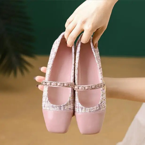 Women Flat pink Shoes Fashion Casual Flat Shoes Plaid Fabric Square Toe Slip On Mary Jane Shoes Outdoor Soft Ballerinas Shoes 250603