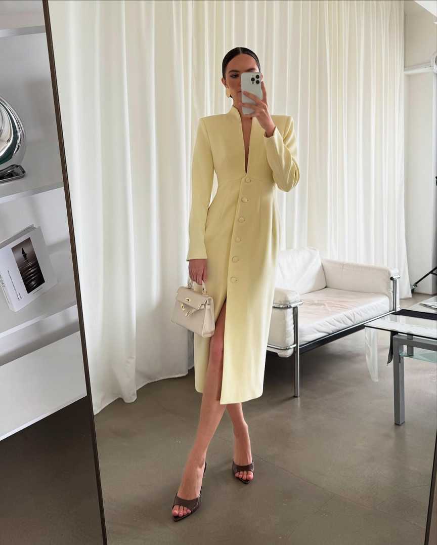 Bright Yellow Women Blazer Dress V Neck Ladies Formal Wear Prom Birthday Party Customized Long Jacket Outfits One Piece