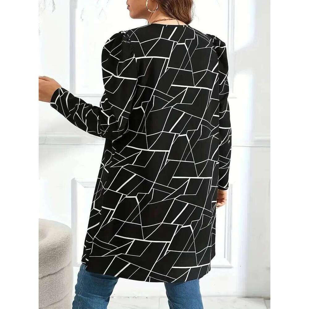 GIBSIE Plus Size Geo Print Open Front O-Neck Coat Women Spring Autumn Black Elegant Long Sleeve OL Female Loose Coats