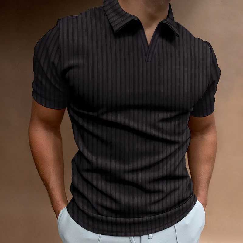 Europe And The United States New Summer POLO Shirt Solid Color Casual Short Sleeve Lapel V Line Striped Short Sleeve Mens T-shirt XJ250605
