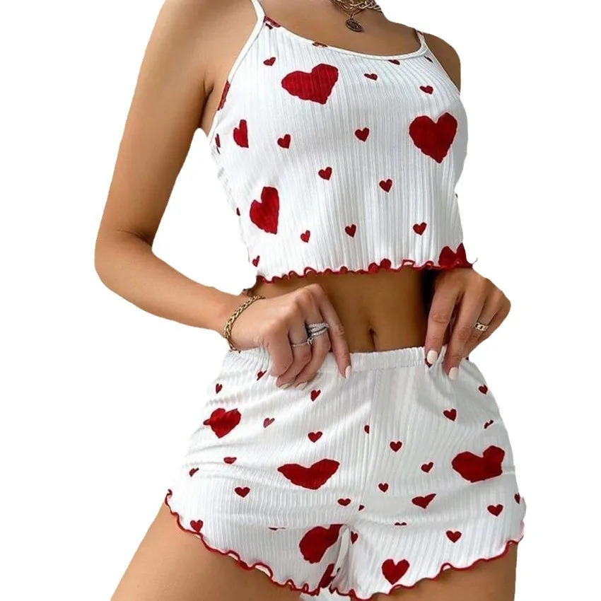 Women pajamas plus size pajamas set 2 piece short vest shorts white S M L XL breathable soft casual love print 250529