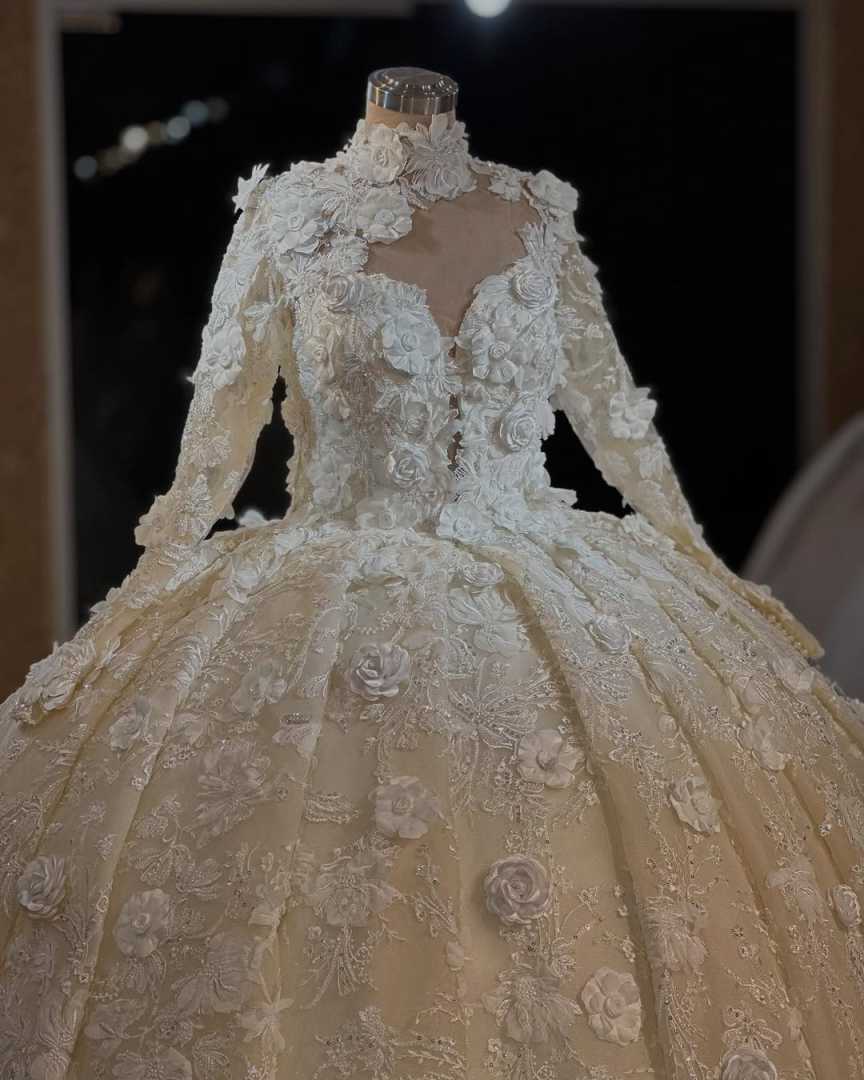 Luxury Ball Gown Wedding Dress 3D Flowers Princess Women Long Sleeve Bride Robe Puffy Bridal Gowns Customized