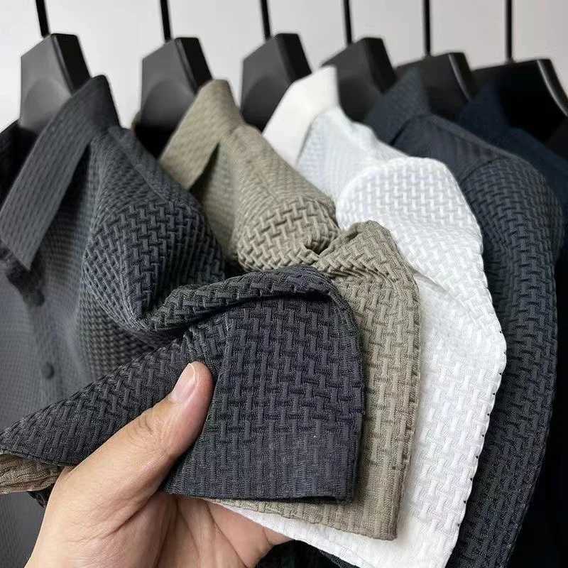 New Mens Business Casual Short Sleeve Bone Flower Solid Color POLO Shirt Fashion Breathable Comfortable Summer Versatile Top XJ250605