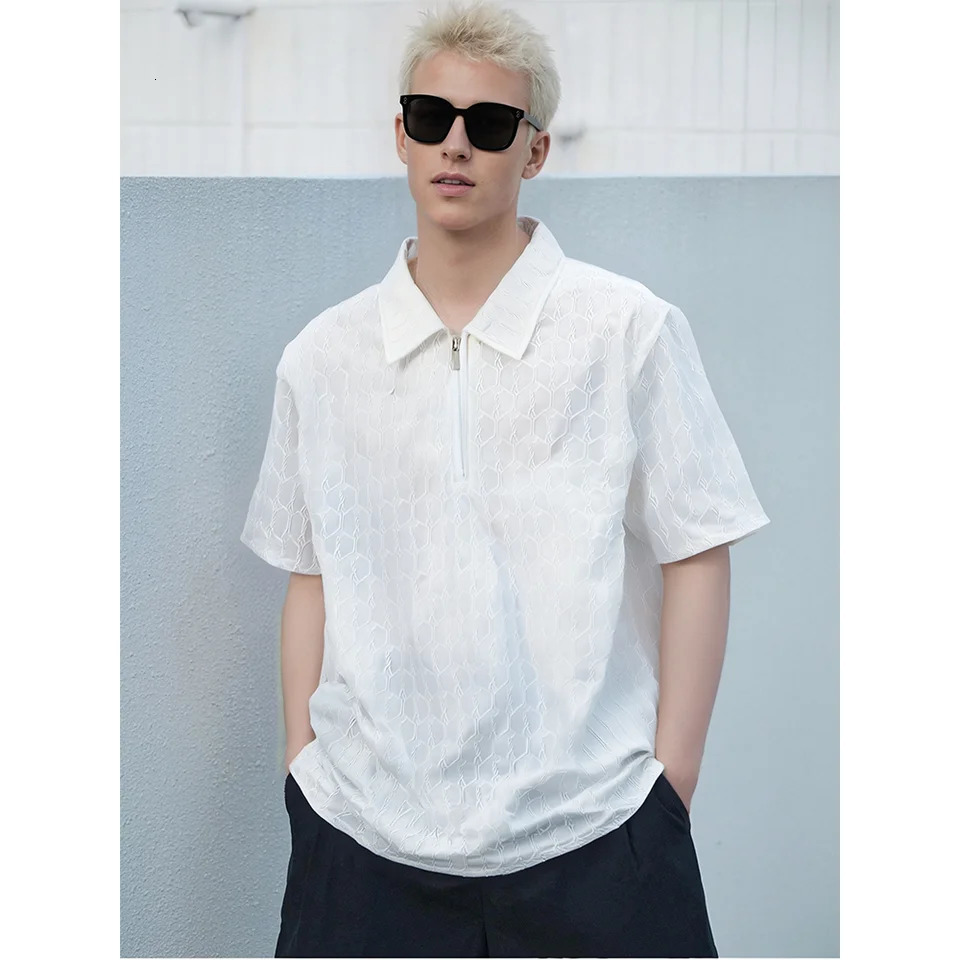 SpringSummer Mens Polo Shirt Checkered Pattern Zipper Decoration Lapel Solid Color Clothing Short Sleeve Tee 250527