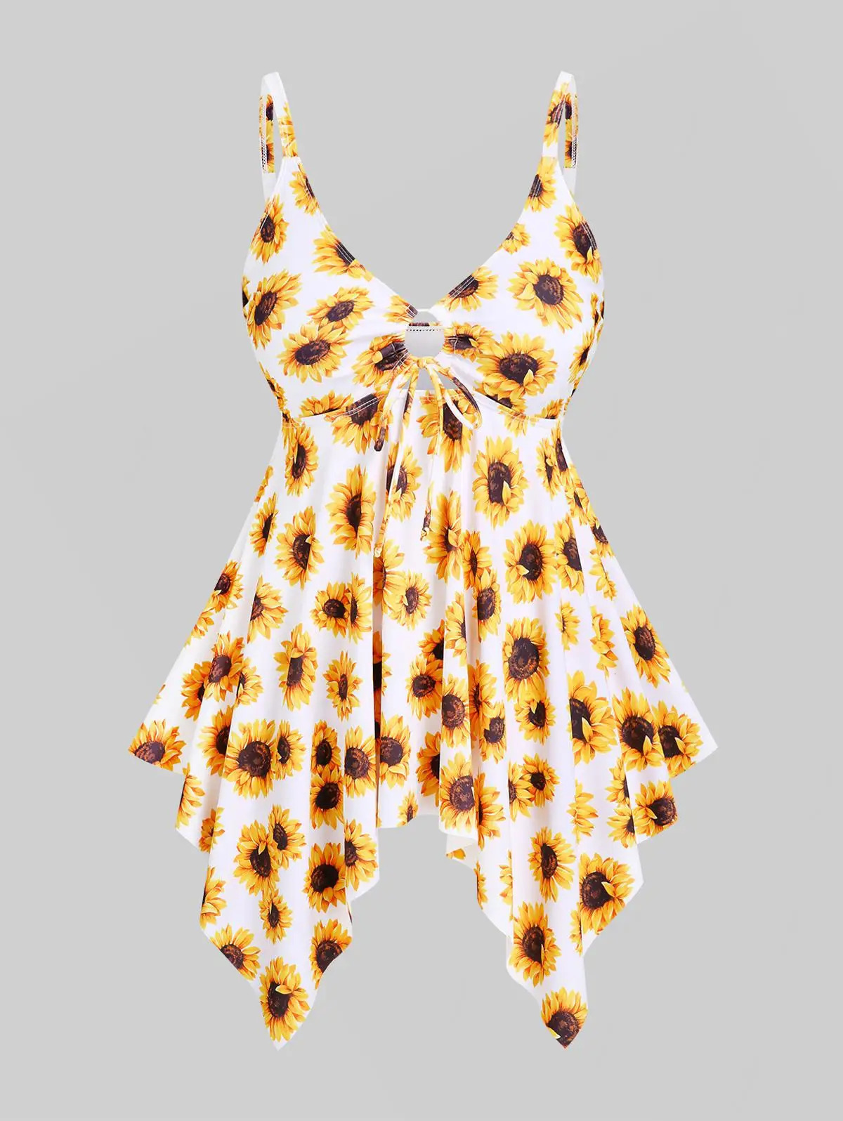 ROL Handkerchief Sunflower Print Cinched Plus Size Curve Modest Tankini Swimsuit 250603