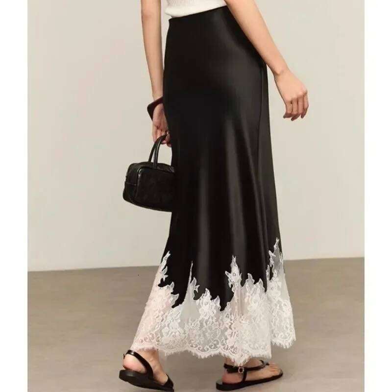 Fairy Lace-Trim Satin Midi Skirt High Wasit Elegant Wrapped Hip Long Skirts Party 2025 Fashion Trends Summer Women Clothing