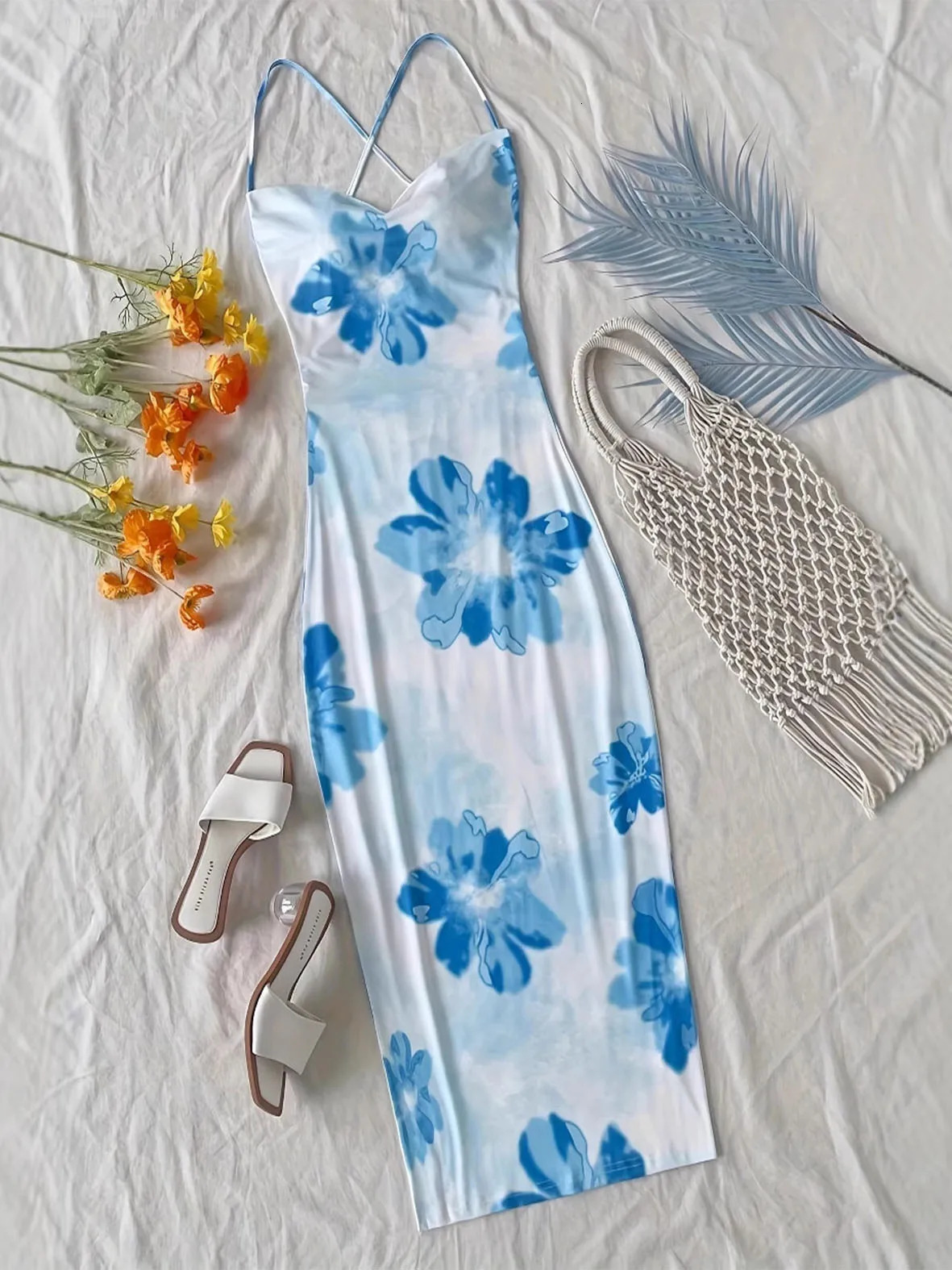 TikTok Viral Boho Dress Large Floral Maxi Surplice Neck Backless Thin Straps Beach Cover Up 250604