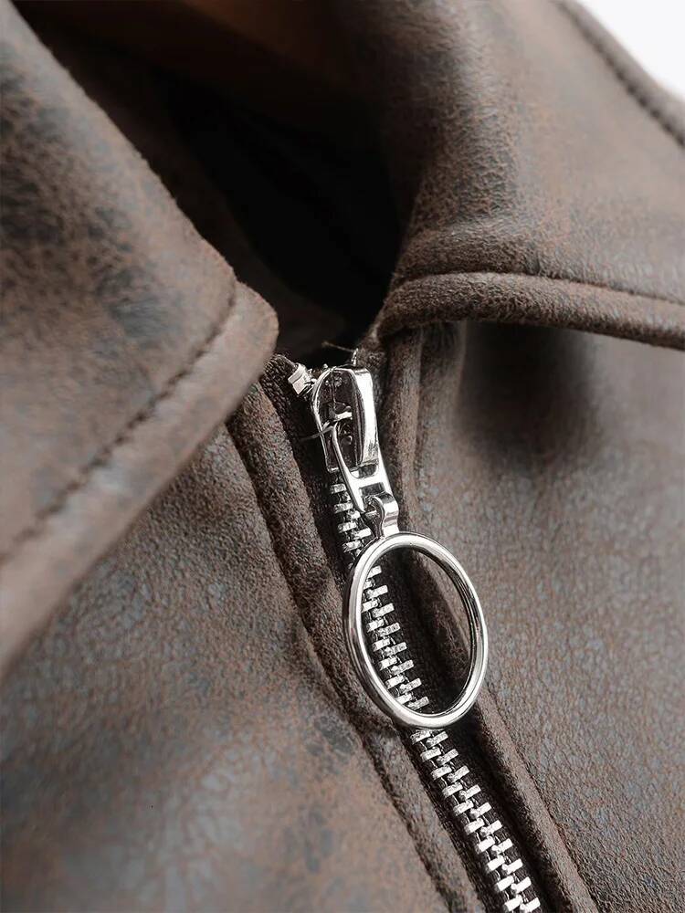 2025 Autumn And Winter New Lapel Pocket Decoration Loose Faux Leather Bomber Jacket Short Coat Women