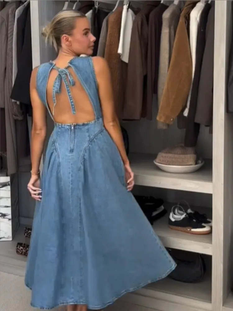 Women Blue Denim Pleated High Waist Aline Long Dress Sexy Backless Sleeveless Laceup Vestidos Elegant Street Party Dresses 250526