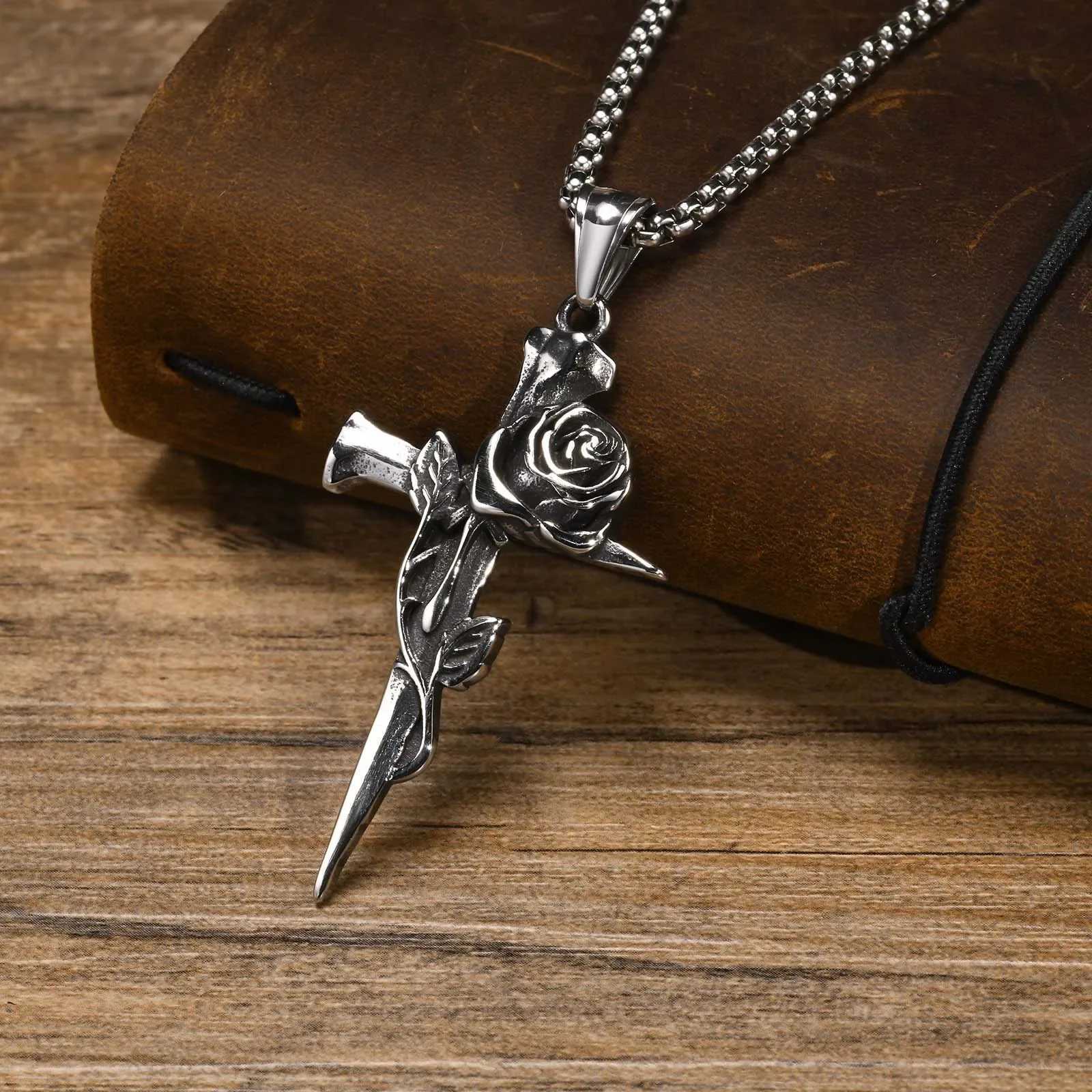 New Gothic Punk Rose Flower Necklaces for Men Hip-hop Silver Color Retro Cross Pendant Collar Jewelry Decoration Gifts Wholesale XJ250604