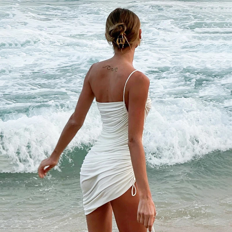 CUTENOVA Slim Solid Color Slant Shoulder Sleeveless Drawstring Shrink Pleat Irregular Short Dress Summer WomenS Sexy Dress 250604