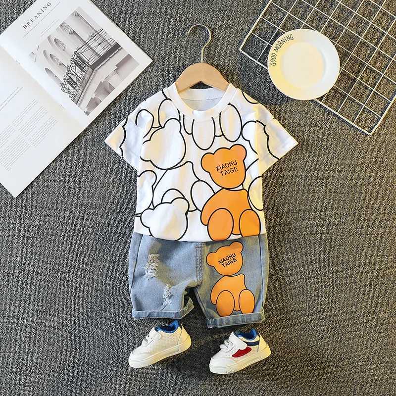 Summer Baby Boys Clothes Suit Children Girls Fashion Cartoon Bear T-Shirt Denim Shorts 2Pcs/Sets Toddler Casual Kids Tracksuits R250605