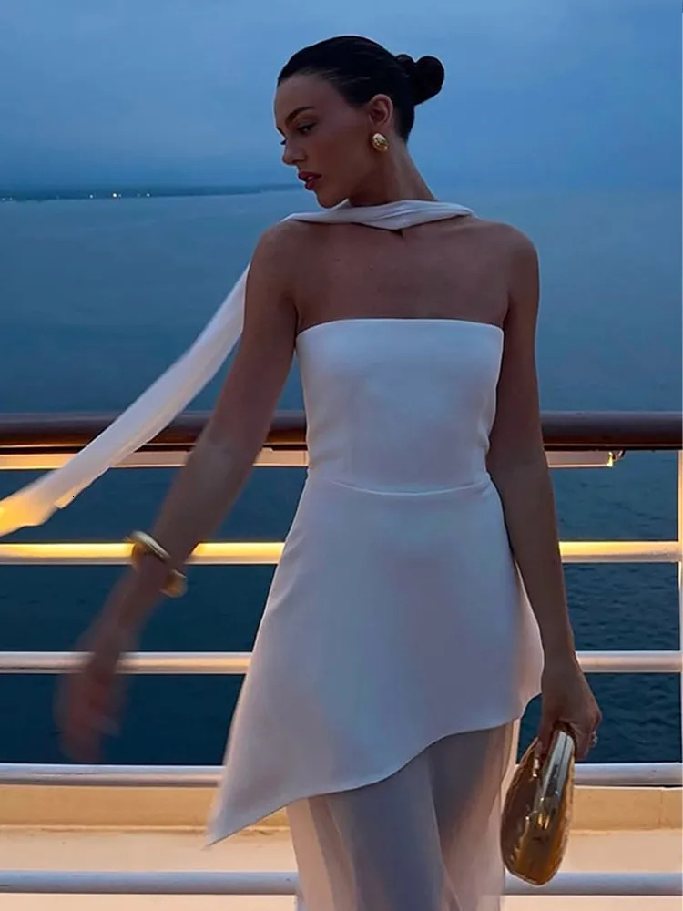 Elegant White Gauze Off Shoulder Long Dress Women Fashion Sleeveless Backless Aline Dresses Lady Vocation Beach Robes 250604
