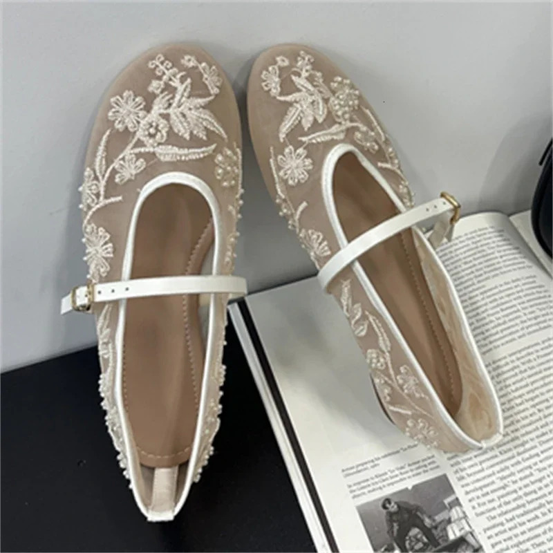 Aneikeh Elegant Ballet Dance Embroidered Flower Mesh Fabric Flat Heels Women Sandals Round Toe Buckle Strap Casual Mule Shoes 250603