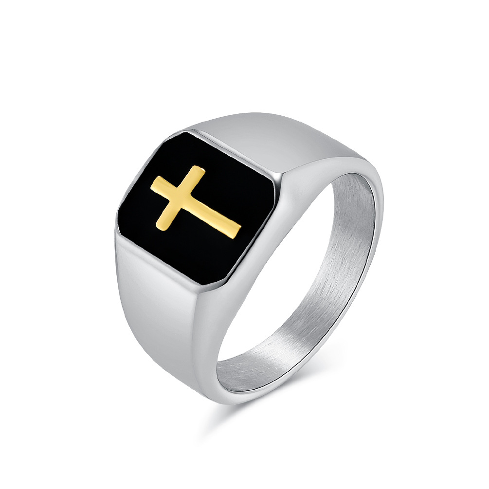 Hip Hop Square Ring Black oil drop Stainless Steel Cross 18K Gold Plated Jewelry