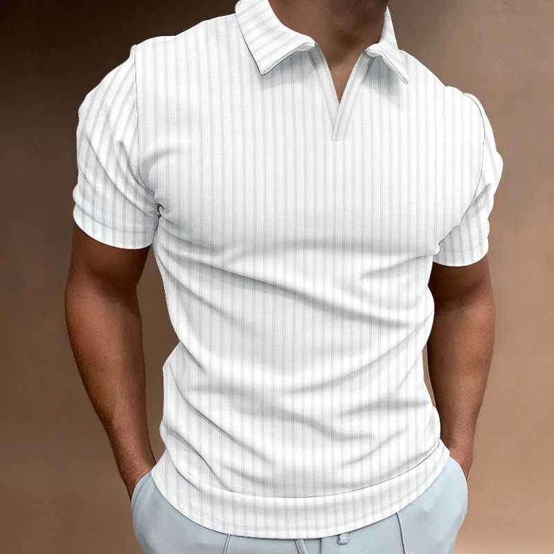 Europe And The United States New Summer POLO Shirt Solid Color Casual Short Sleeve Lapel V Line Striped Short Sleeve Mens T-shirt XJ250605