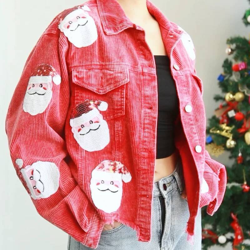 Sequined Santa Claus Vintage Single Breasted Christmas Corduroy Jackets Retro Coats Chaqueta Navidad Mujer