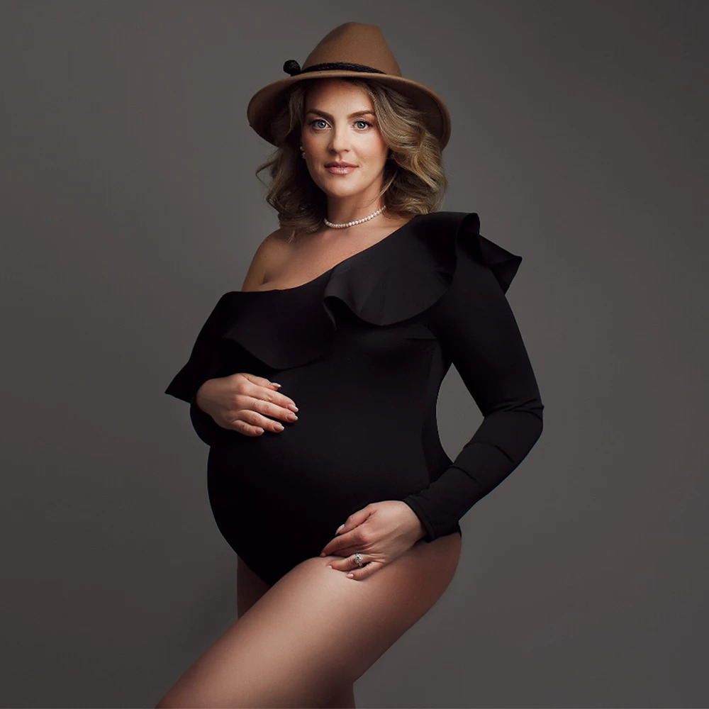 Maternity Poshoots Bodysuit Off Shoulder Ruffle Neck Long Sleeve Sexy Pregnancy Women Leotard Bodycon Po Shoot Props 250530