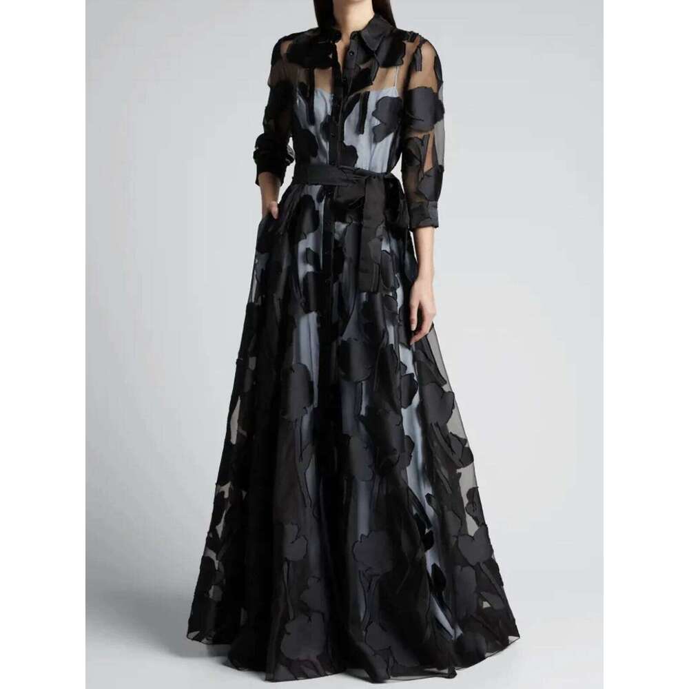 Summer Women Jacquard Mesh Dress No Lining Transparent Club Party Sexy Knotted Waist Maxi Dresses Wholesale Dropshipping