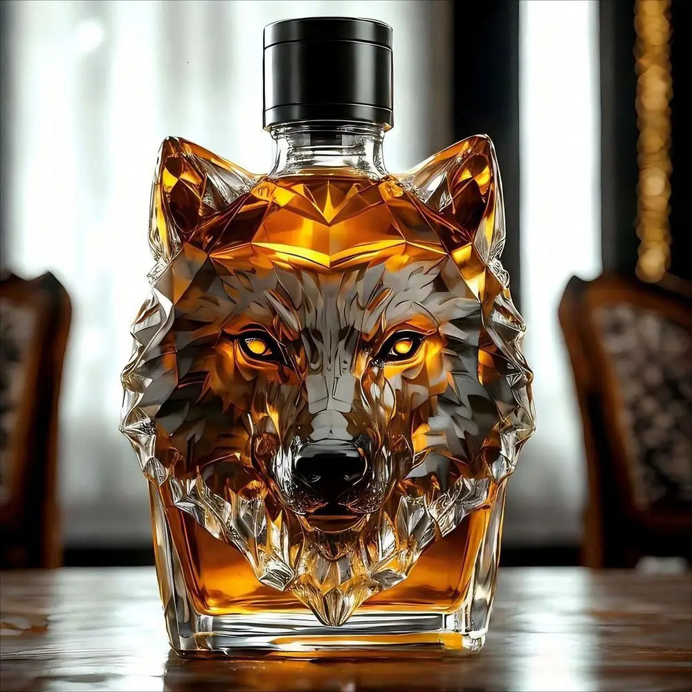Unique Wolf Head Shape Whiskey Bottle 300 Ml Transparent Glass Decanter Sturdy with Cover Wine Glass Home Bar 250605