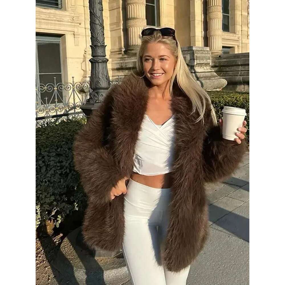 Brown Women Faux Fur Coat Vintage Loose Long Sleeve Fluffy Short Coats 2025 Autumn Winter Female Elegant Commuter Outwear