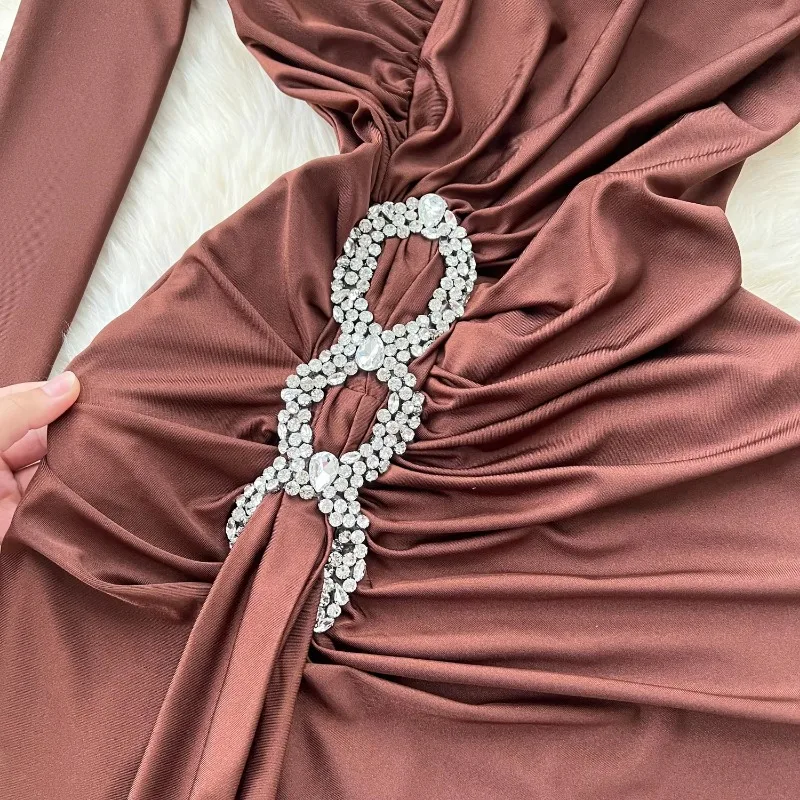 Elegant Sexy Party Dress High End Beaded V Neck Pleated Elastic Maxi Dresses Irregular Design Vestidos