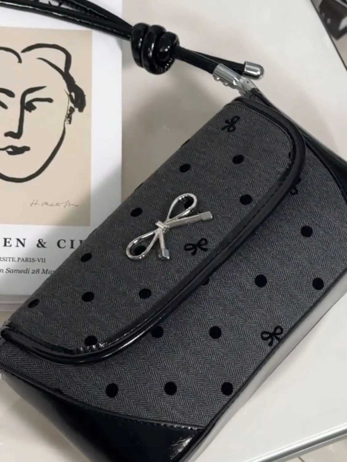 JIAERDI Sweet Cool Bow Black Underarm Bag Purse Women Fairycore Ahetic Dot Y2k Shoulder Bags Ladies Harajuku Square Handbag XJ250605