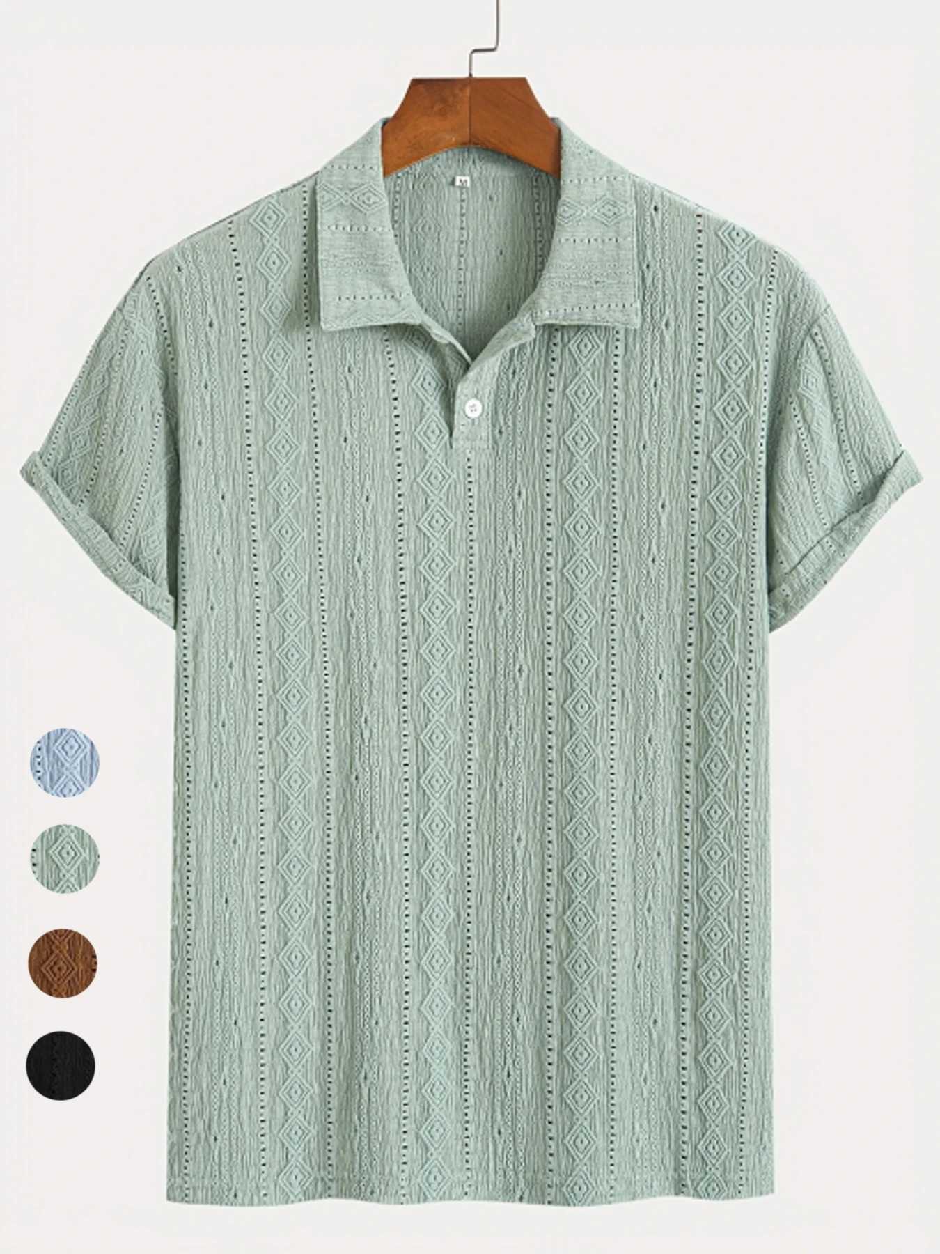 New Polo Shirts For Men Streetwear Solid Color Jacquard Textured Half Buttoned Short Sleeves T-shirt Mens Basic Tops XJ250605