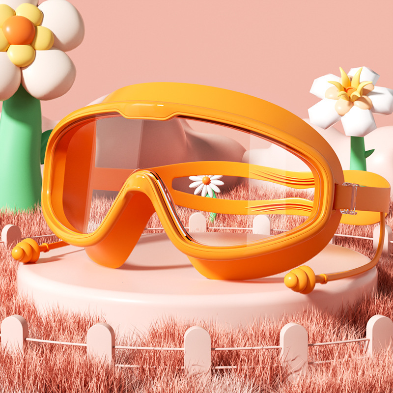 Children's Large Frame Swim HD Waterproof Anti-Fog Swimming Glasses for Students and Babies with Integrated Earplugs Diving Goggles