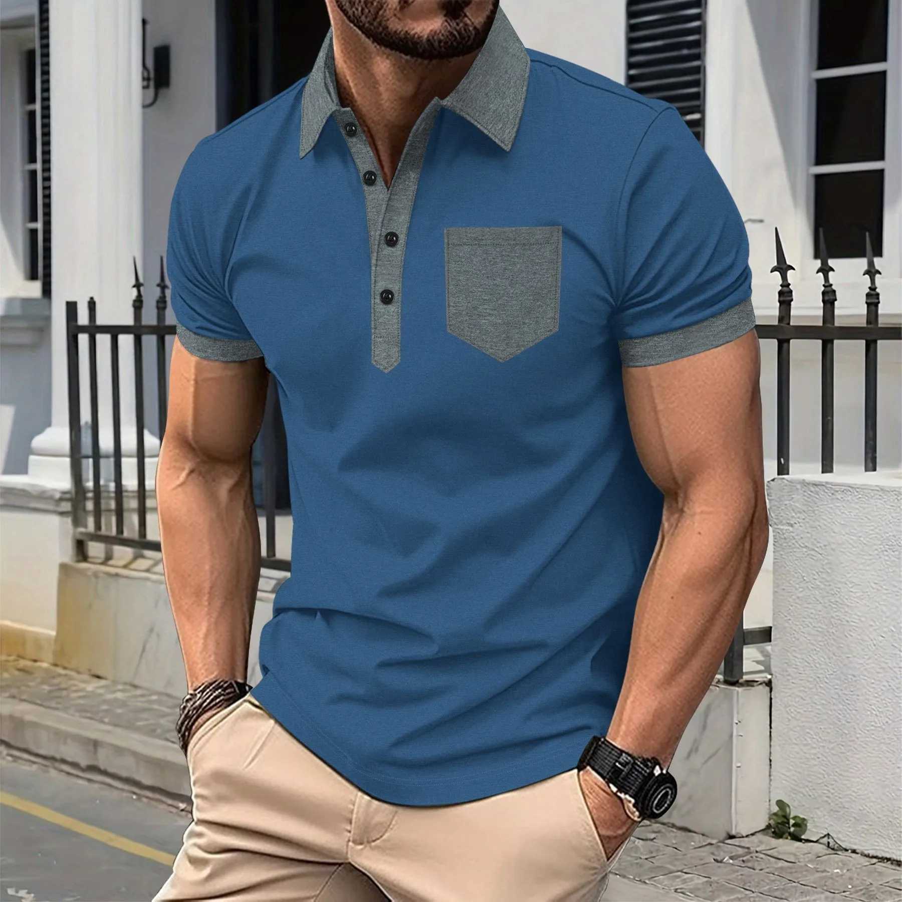 2025 New Cross-border Mens Casual POLO Shirt with Chest Pocket Lapel Button Color Block T-shirt Top XJ250605