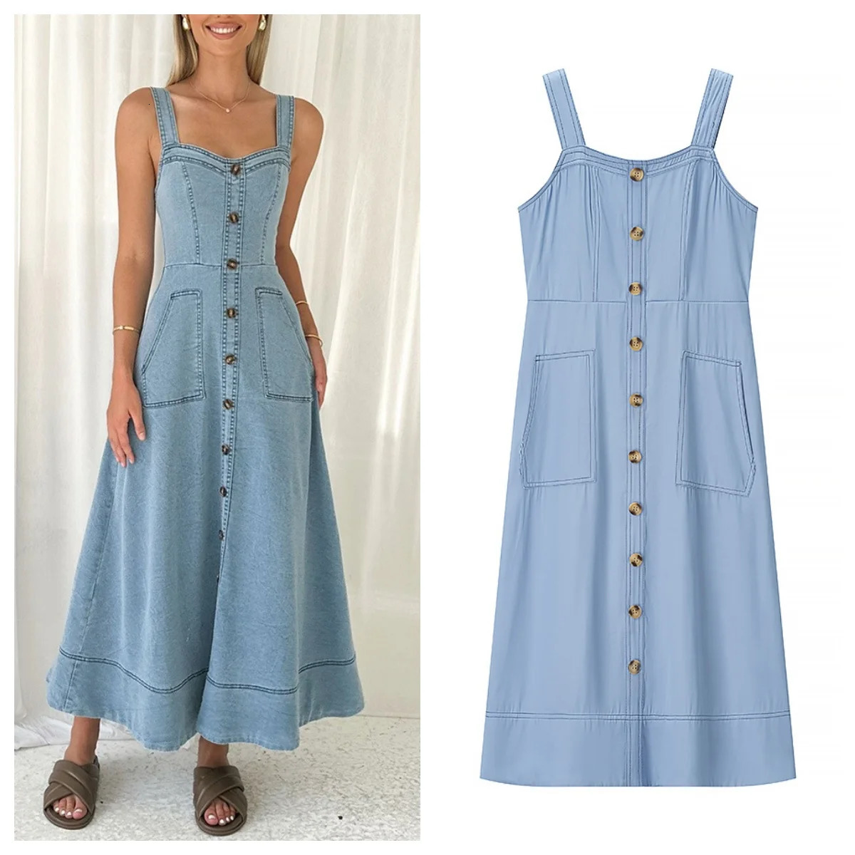 European and American style temperament slim high waist singlebreasted long denim suspender dress 250604