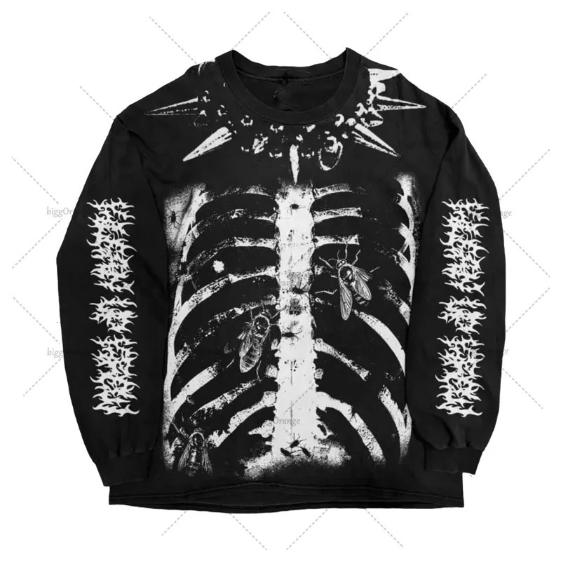 Gothic Harajuku Y2K Streetwear Graphic Top Men Vintage Retro Skeleton Round Neck Long Sleeve Hip Hop Casual Pure Cotton Tshirt 250605