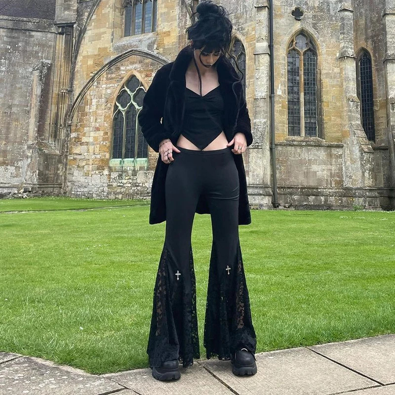 High Waisted Lace Hollow Black Micro Flared Pants Dark Punk Style Autumn Versatile Straight Leg Pants 250604