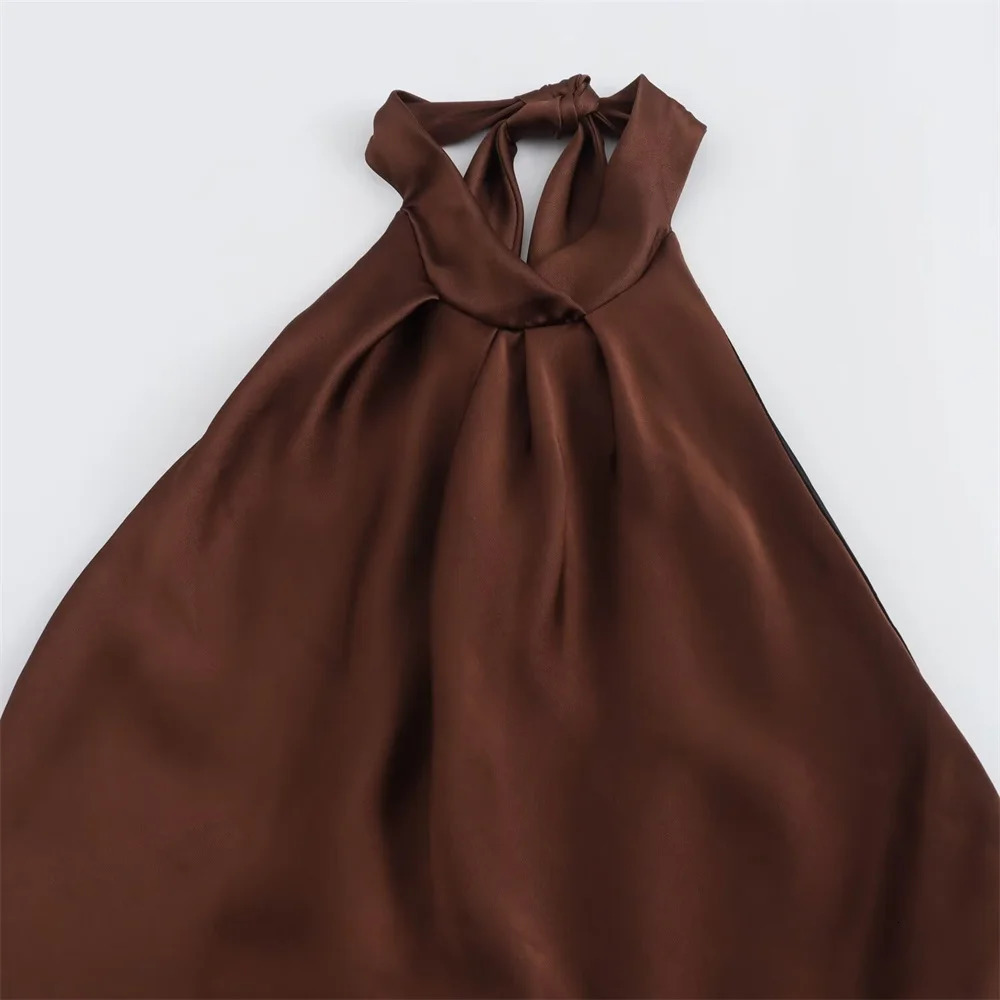 European And American Style Summer Womens Fashionable Temperament Solid Color Backless Silk Satin Texture Dress 250604