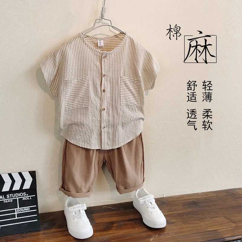 Boys cotton and linen set summer outfit 2025 new style childrens western-style shirt shorts 2-piece set R250605