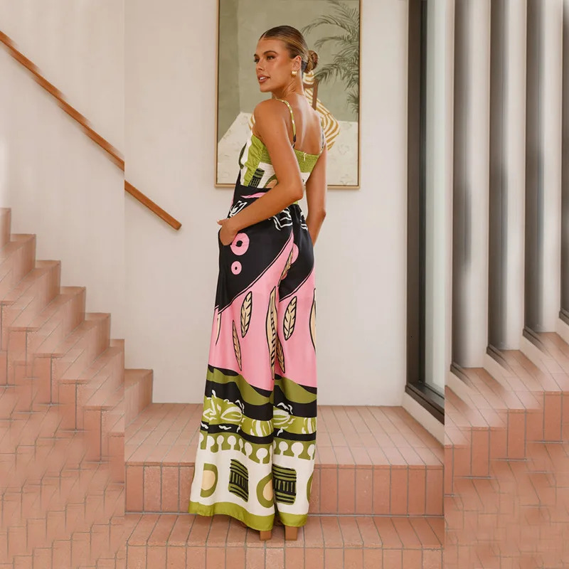 VEITCHE Summer Women Print Spaghetti Strap Jumpsuits Sexy Hollow Out Laceup High Waist Wide Legs Bohemian Vacation Jumpsuit 250604