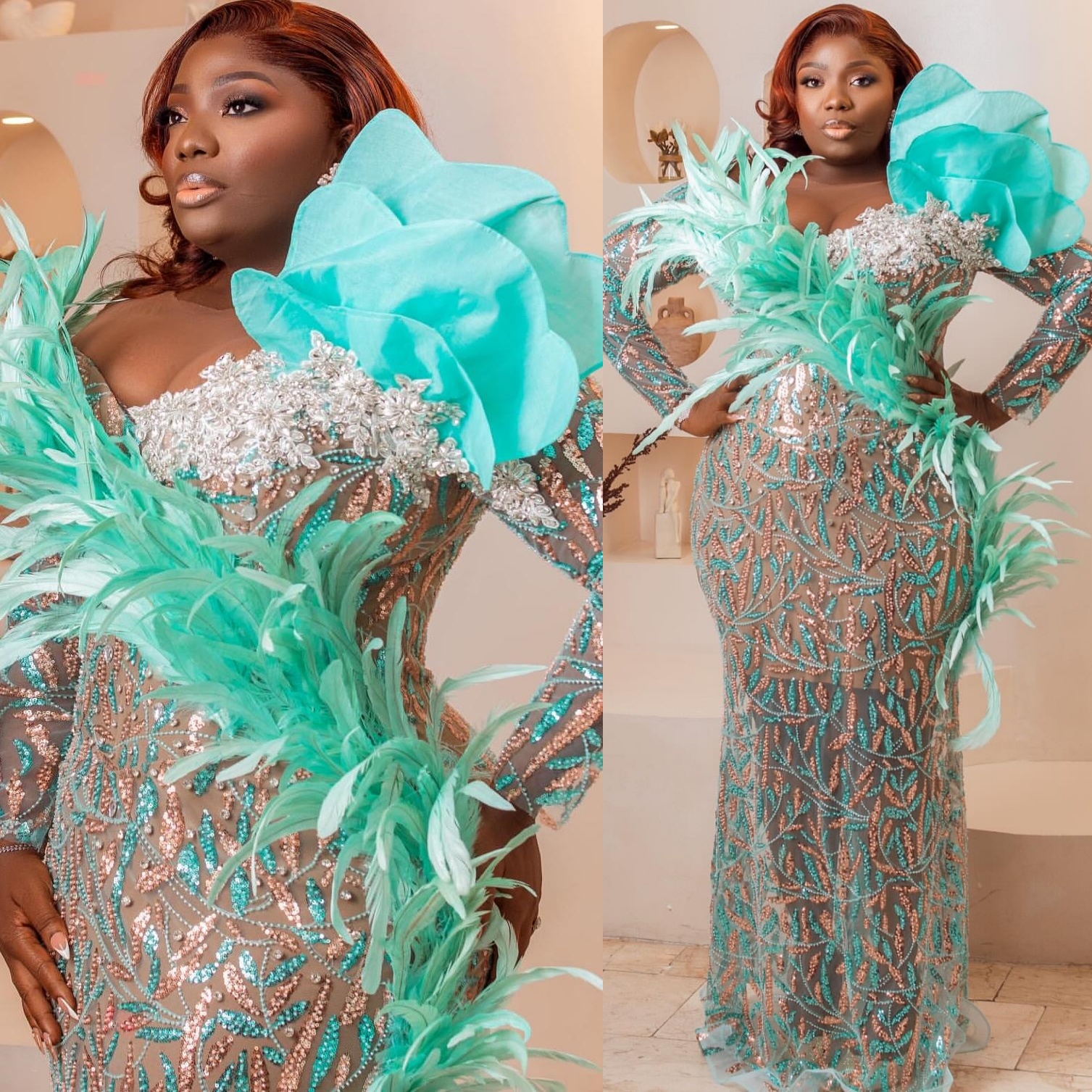 Mermaid Mint Prom Dresses 2025 Feather Lace Crystals Luxurious Evening Formal Party Second Birthday Engagement Gowns Plus Size Dress For Special Occas