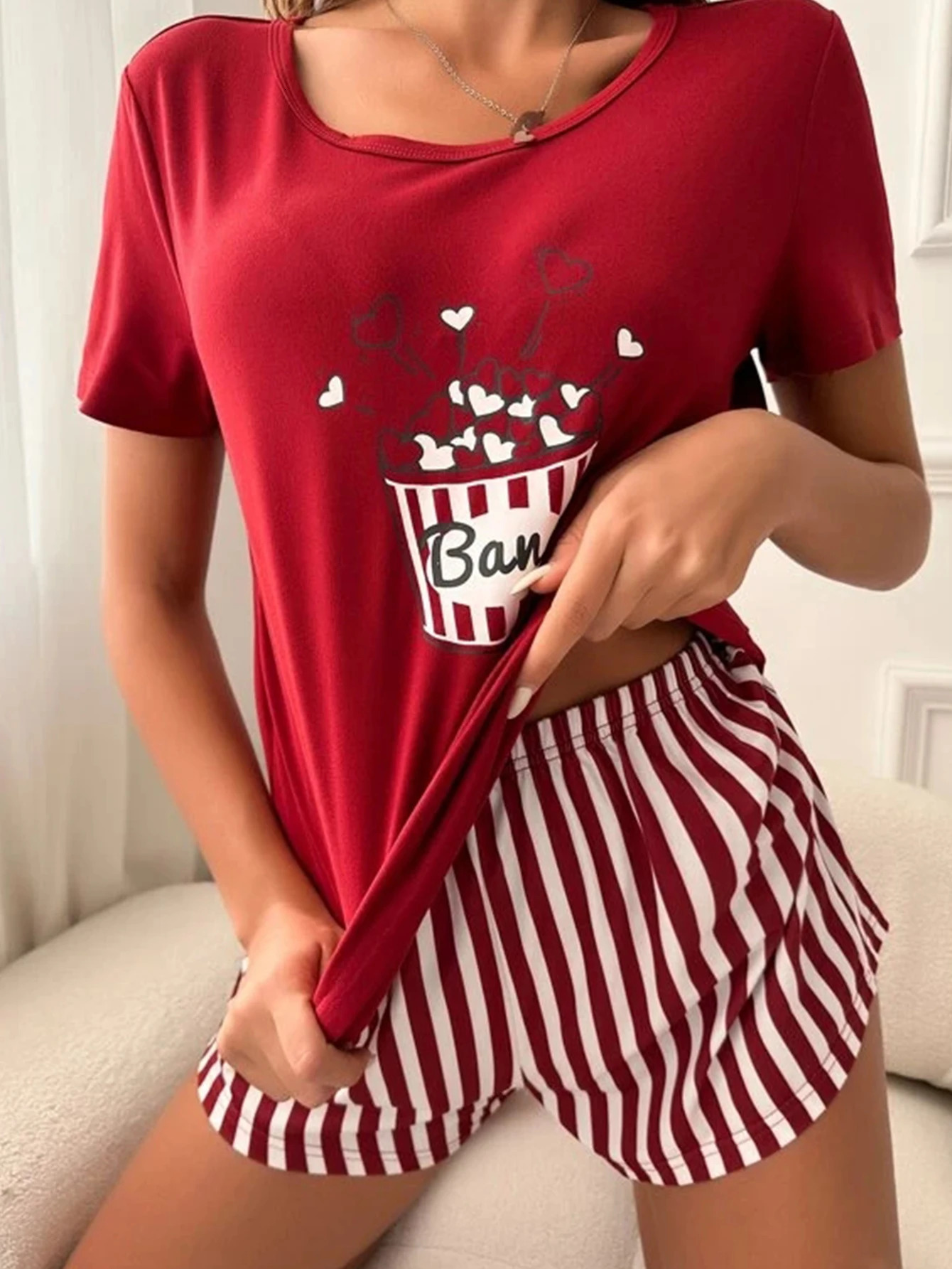 Women Pajamas Set Sleepwear Summer Popcorn Print Short Sleeve Round Neck Top Allover Prints Strip Shorts Casual Loungewear Set 250529