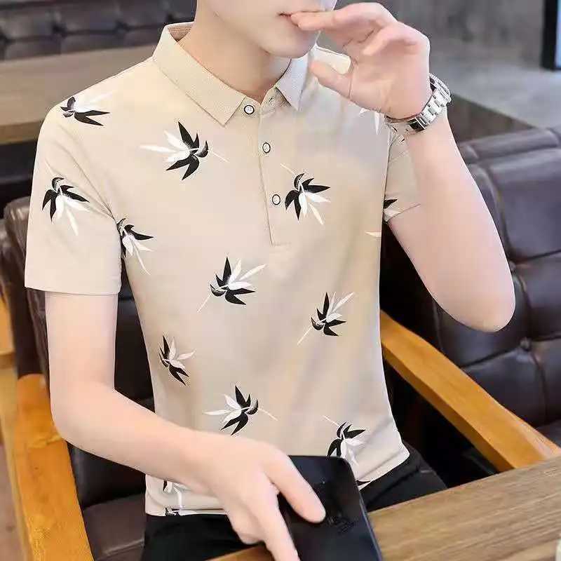 Man 100. Cotton Polo Shirts Print Skinny with Collar T Shirt for Men Party Fashion High Quality Luxury Short Quarter Sleeve HotXJ250605