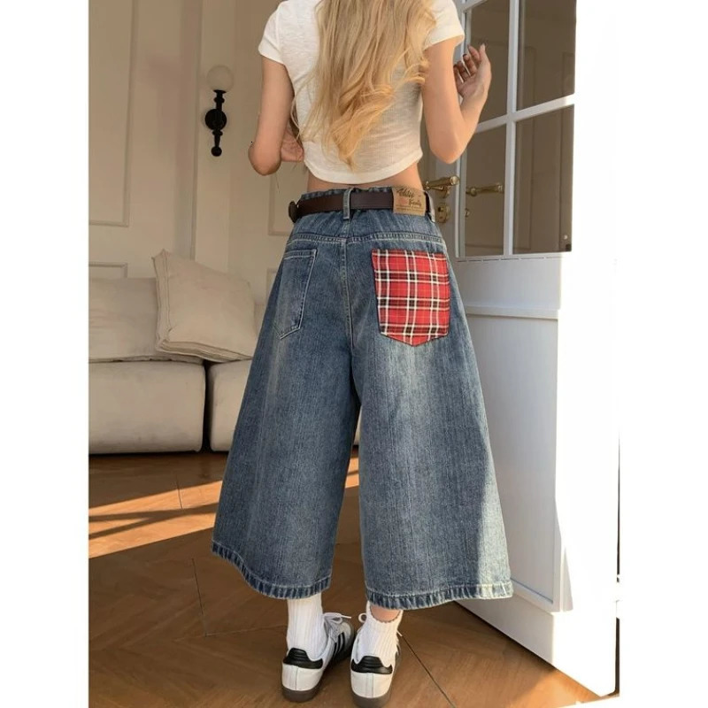American retro plaid pocket wideleg short jeans for women loose and casual straight high waist slimming men pants 250604