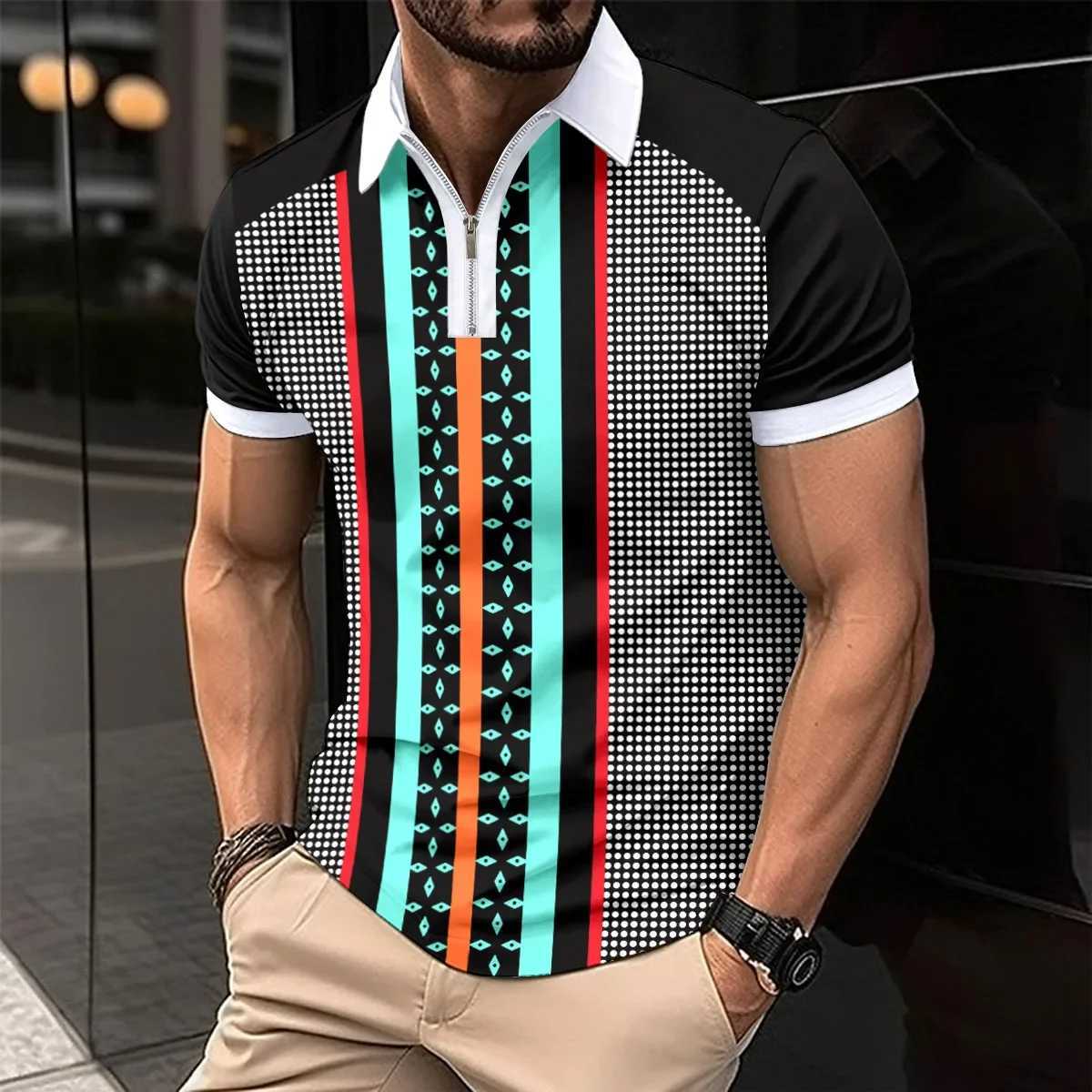 Mens Casual Short Sleeve Polo Shirt Fashion Dot Printing Lapel T-shirt Mens Breathable Zip Polo Shirt Summer Mens Clothing XJ250605