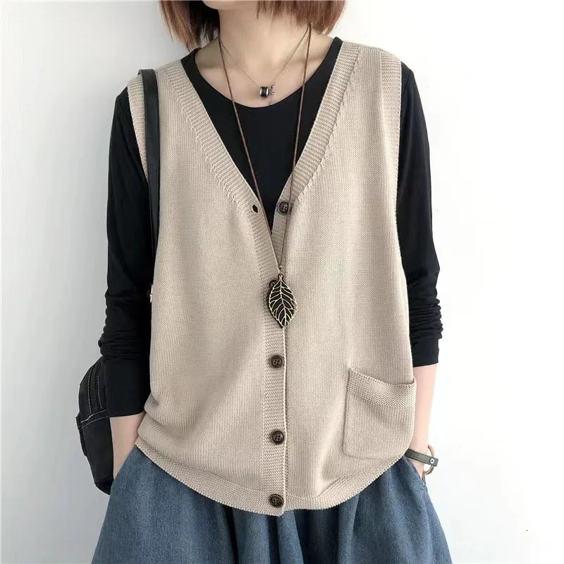 Lucyever Vintage Arts Style Knitted Vest Female Solid Color Sleeveless Button VNeck Waistcoat Women Casual Loose Knitwear Coats 250530