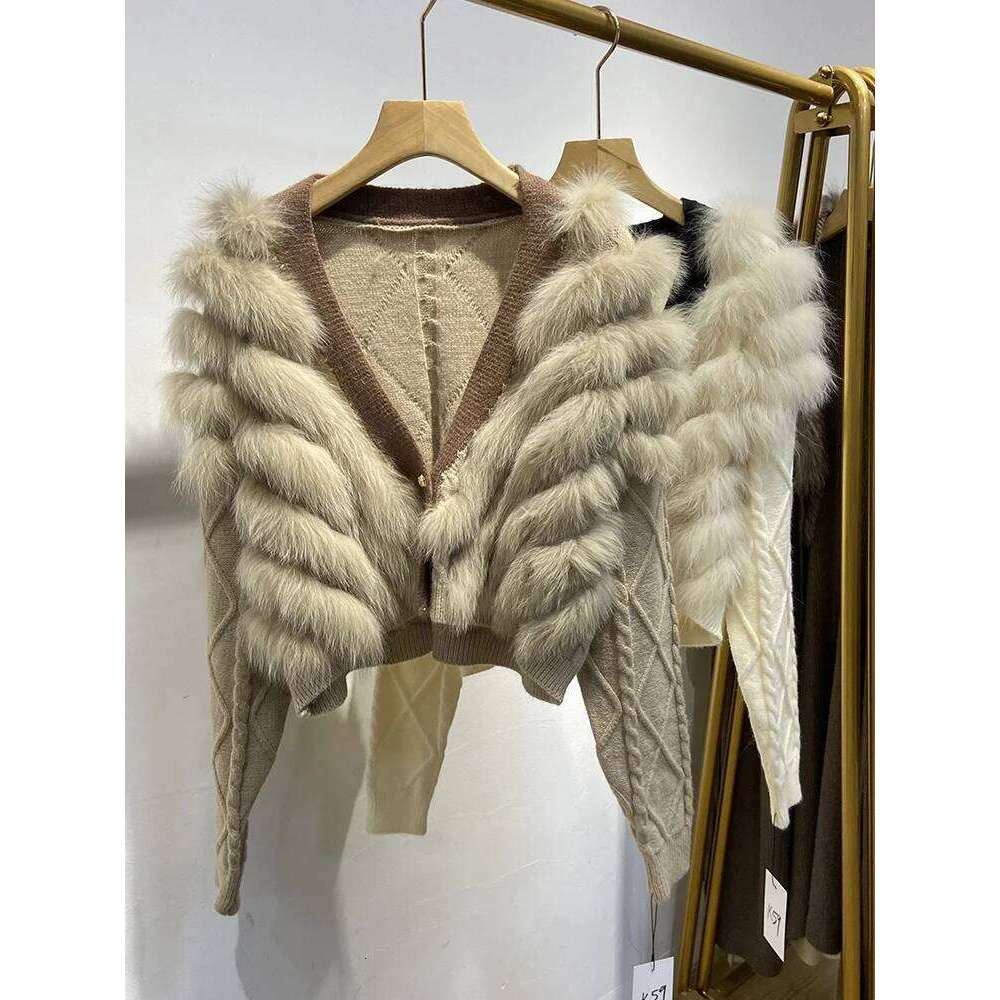 2024 Autumn Women Khaki Fox Sweater Real Fur Spring Special Design Knitted Jacket Wear