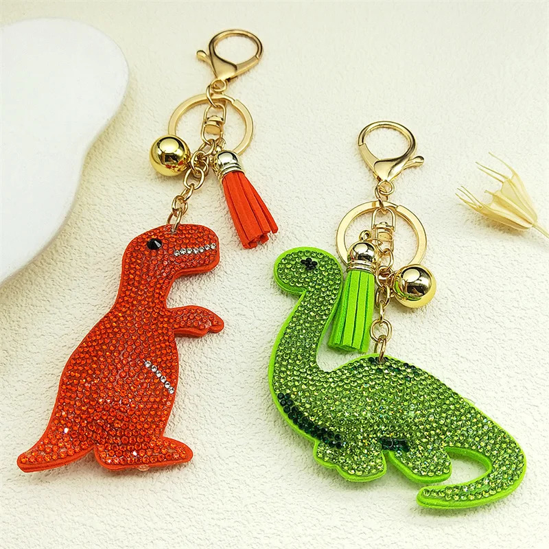 Two Kawaii Dinosaur Animal Keychain Women Men Orange Green Color Rhinestone Tassel Female Charm Bag Decoration Key Ring Jewelry 250605