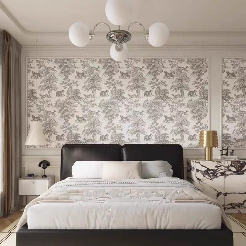 French Wallpaper Bedroom Background Wall Forest Animals Light Luxury Living Room Entrance Self-Adhesive Wall Cloth Homestay Mural