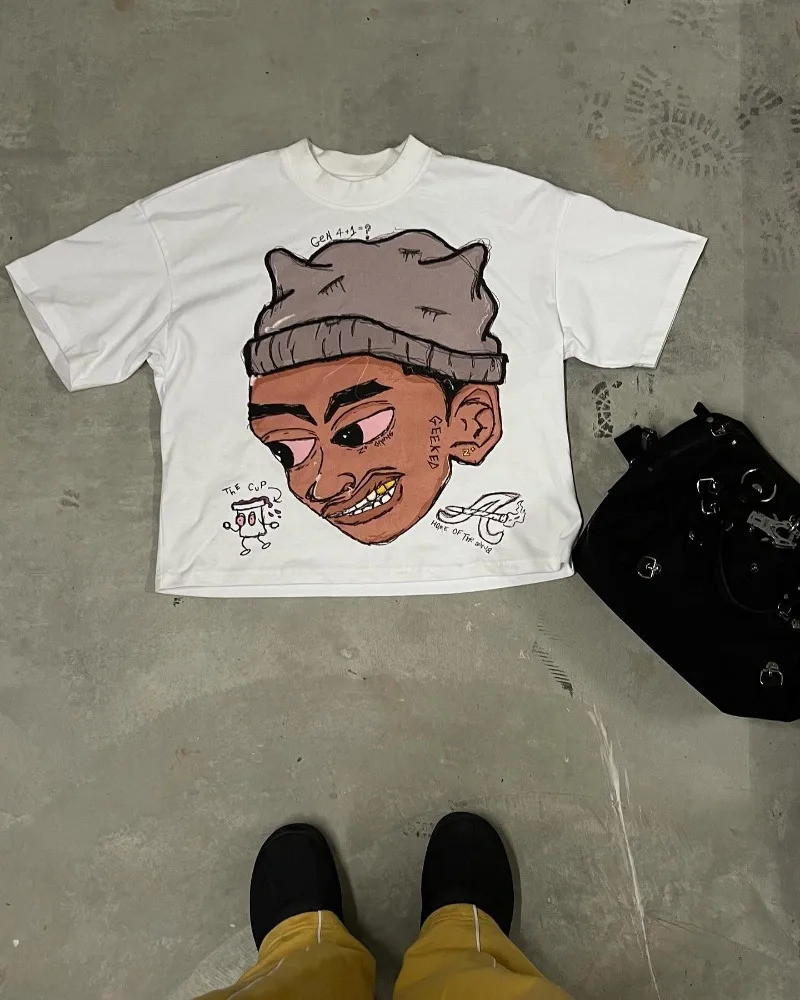 American trend retro oversized cartoon printed T-shirt Women Y2k cotton round neck short sleeve Harajuku Gothic couple loose top 250604